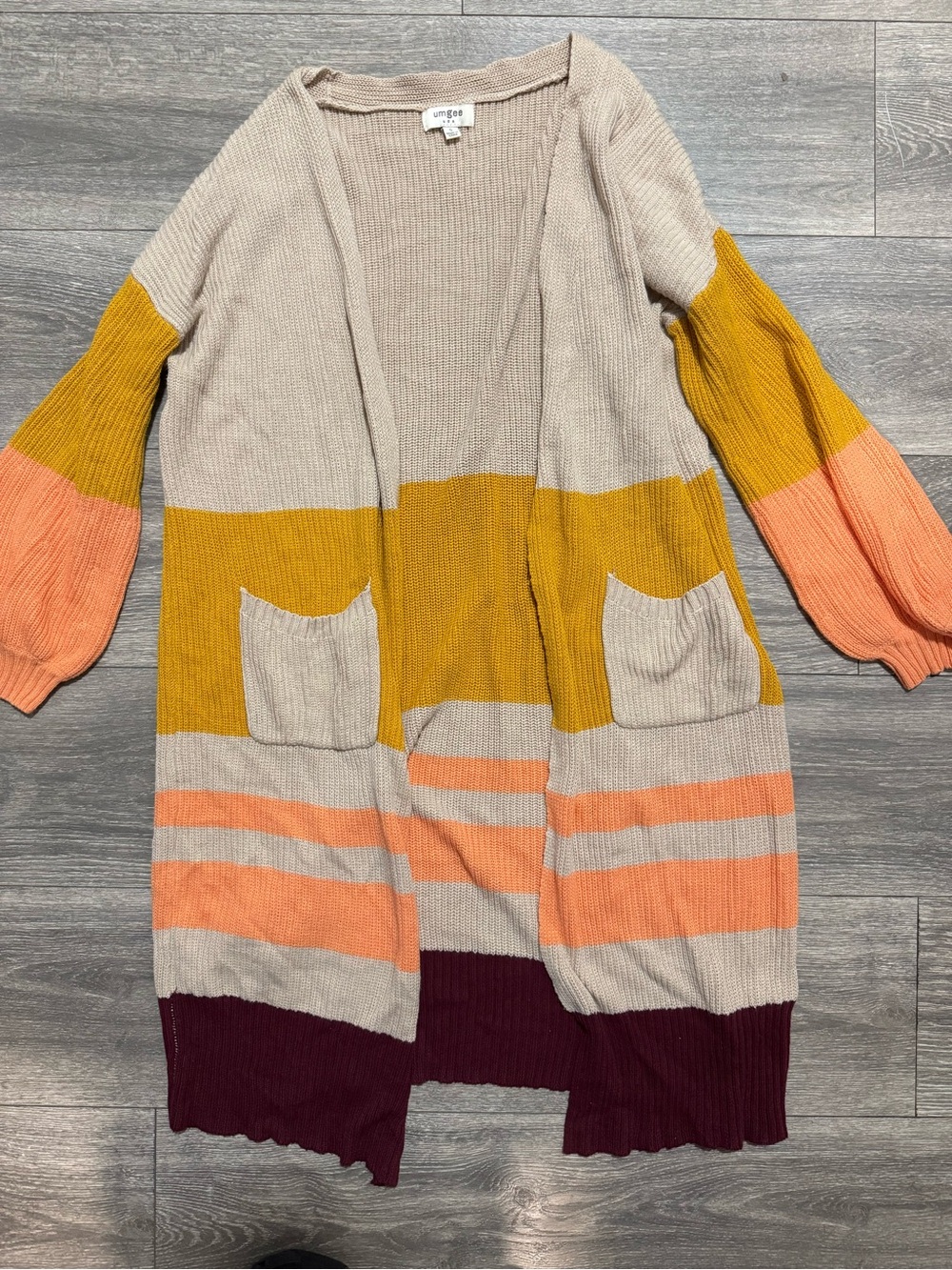 Umgee Colorblock Open Cardigan in Beige, Mustard, Peach & Burgundy
